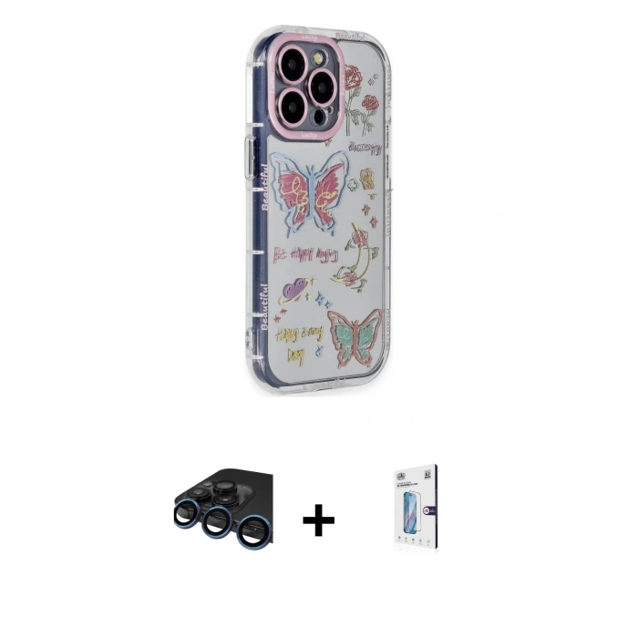 MARSİLYAN™- iPhone 15 Pro Max Kılıf Ahenk Modern Serisi - Siyah Bilvis 0.18mm Plus Cam Ekran Koruyucu + Raze Metal Kamera Lens - LT