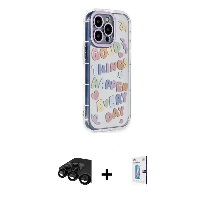 MARSİLYAN™- iPhone 15 Pro Max Kılıf Ahenk Modern Serisi - Siyah Bilvis 0.18mm Plus Cam Ekran Koruyucu + Raze Metal Kamera Lens - SH