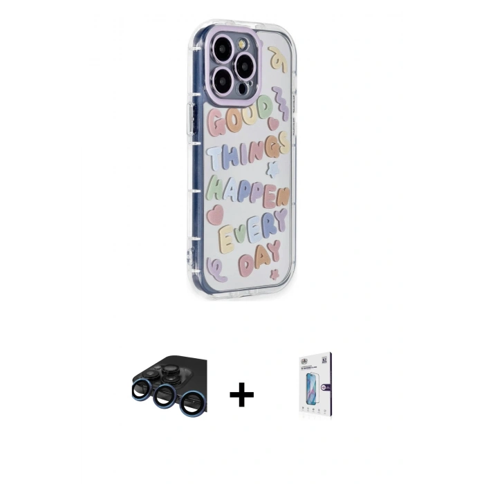 MARSİLYAN™- iPhone 15 Pro Max Kılıf Ahenk Modern Serisi - Siyah Bilvis 0.18mm Plus Cam Ekran Koruyucu + Raze Metal Kamera Lens - LT