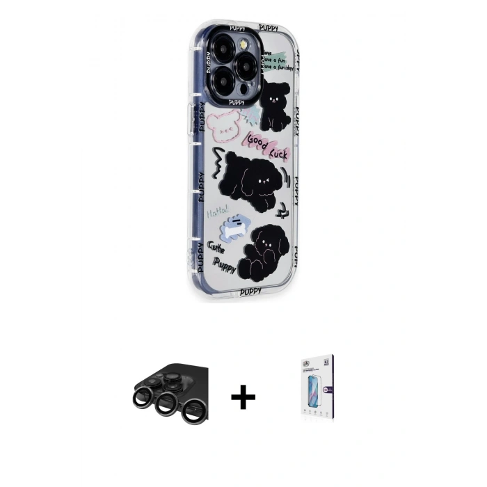 MARSİLYAN™- iPhone 15 Pro Max Kılıf Ahenk Modern Serisi - Siyah Bilvis 0.18mm Plus Cam Ekran Koruyucu + Titanyum Gri Raze Metal Kamera Lens