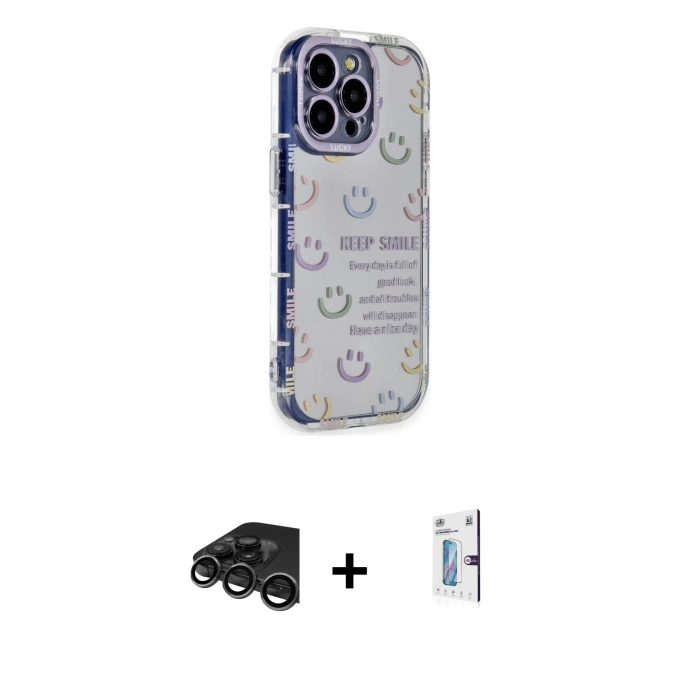 MARSİLYAN™- iPhone 15 Pro Max Kılıf Ahenk Modern Serisi - Siyah Bilvis 0.18mm Plus Cam Ekran Koruyucu + Titanyum Gri Raze Metal Kamera Lens