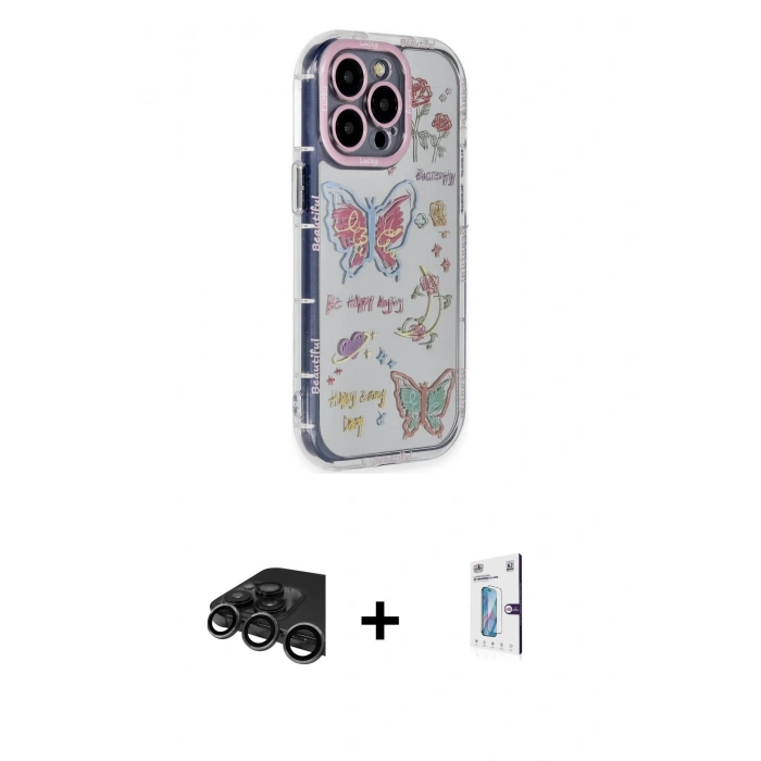 MARSİLYAN™- iPhone 15 Pro Max Kılıf Ahenk Modern Serisi - Siyah Bilvis 0.18mm Plus Cam Ekran Koruyucu + Titanyum Gri Raze Metal Kamera Lens