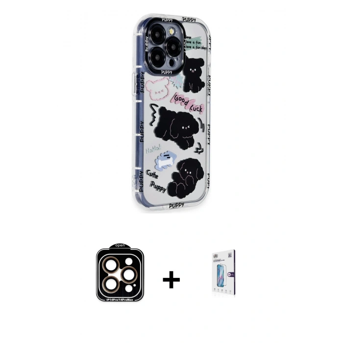 MARSİLYAN™- iPhone 15 Pro Max Kılıf Ahenk Modern Serisi - Siyah Bilvis 0.18mm Plus Cam Ekran Koruyucu + Turuncu PVD Metal Kamera Lens