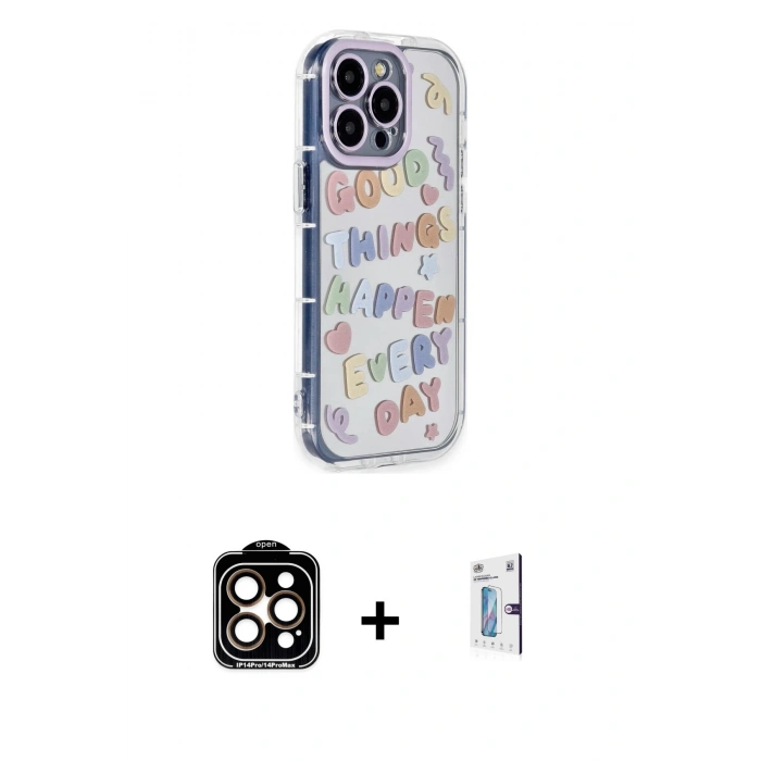 MARSİLYAN™- iPhone 15 Pro Max Kılıf Ahenk Modern Serisi - Siyah Bilvis 0.18mm Plus Cam Ekran Koruyucu + Turuncu PVD Metal Kamera Lens