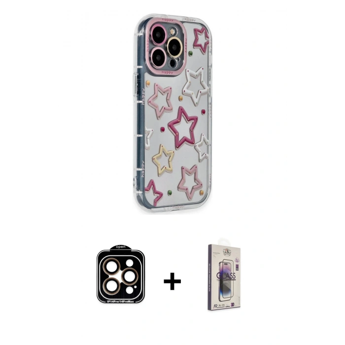 MARSİLYAN™- iPhone 15 Pro Max Kılıf Ahenk Modern Serisi - Siyah Bilvis 3D Cam Ekran Koruyucu + PVD Metal Kamera Lens - TU