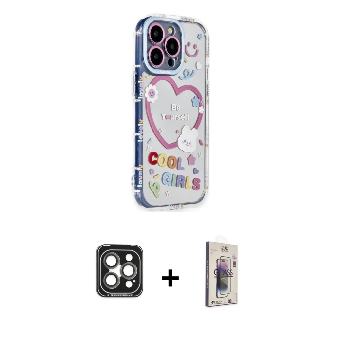 MARSİLYAN™- iPhone 15 Pro Max Kılıf Ahenk Modern Serisi - Siyah Bilvis 3D Cam Ekran Koruyucu + PVD Metal Kamera Lens - GI