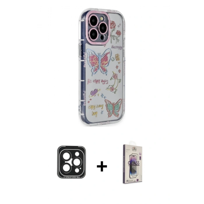MARSİLYAN™- iPhone 15 Pro Max Kılıf Ahenk Modern Serisi - Siyah Bilvis 3D Cam Ekran Koruyucu + PVD Metal Kamera Lens - SH