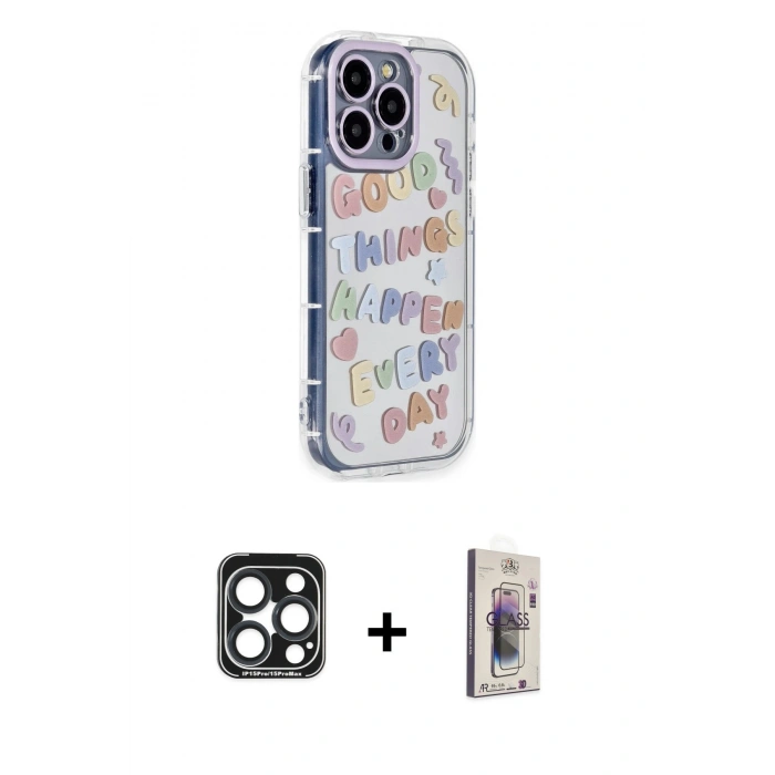 MARSİLYAN™- iPhone 15 Pro Max Kılıf Ahenk Modern Serisi - Siyah Bilvis 3D Cam Ekran Koruyucu + PVD Metal Kamera Lens - LT