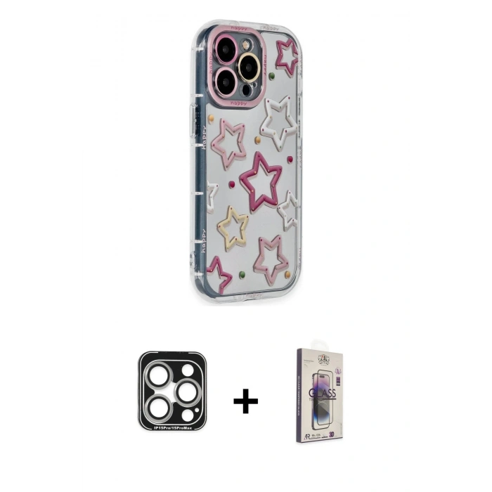 MARSİLYAN™- iPhone 15 Pro Max Kılıf Ahenk Modern Serisi - Siyah Bilvis 3D Cam Ekran Koruyucu + PVD Metal Kamera Lens - GS