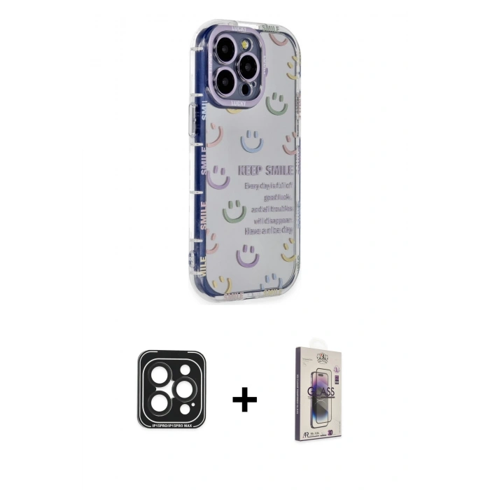 MARSİLYAN™- iPhone 15 Pro Max Kılıf Ahenk Modern Serisi - Siyah Bilvis 3D Cam Ekran Koruyucu + PVD Metal Kamera Lens - SH