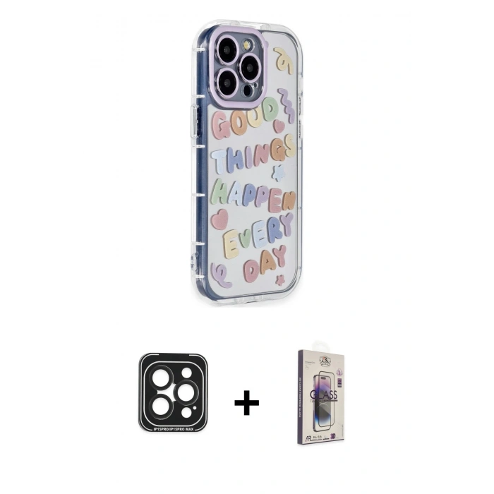 MARSİLYAN™- iPhone 15 Pro Max Kılıf Ahenk Modern Serisi - Siyah Bilvis 3D Cam Ekran Koruyucu + PVD Metal Kamera Lens - SH
