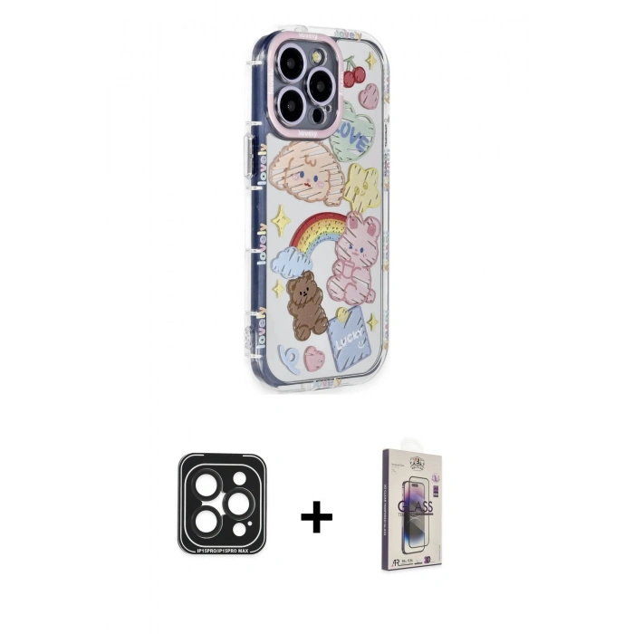 MARSİLYAN™- iPhone 15 Pro Max Kılıf Ahenk Modern Serisi - Siyah Bilvis 3D Cam Ekran Koruyucu + PVD Metal Kamera Lens - SH