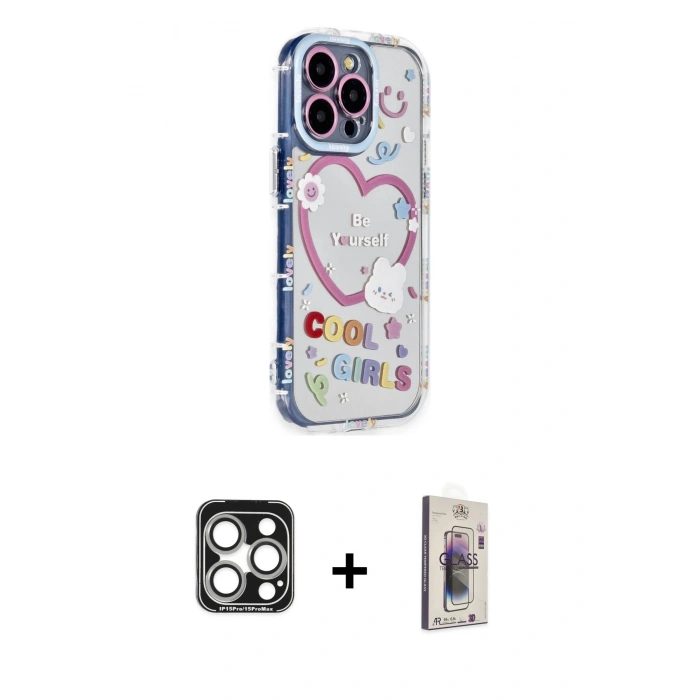 MARSİLYAN™- iPhone 15 Pro Max Kılıf Ahenk Modern Serisi - Siyah Bilvis 3D Cam Ekran Koruyucu + PVD Metal Kamera Lens - GS