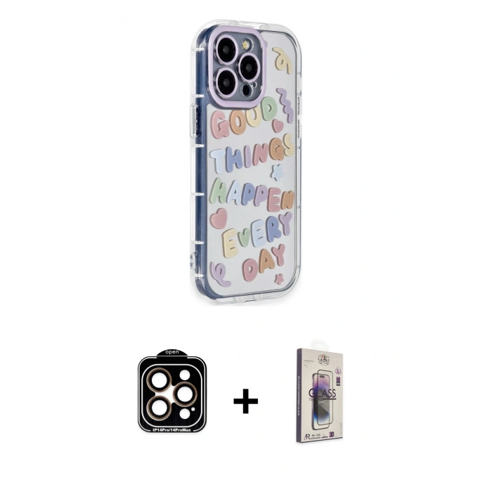 MARSİLYAN™- iPhone 15 Pro Max Kılıf Ahenk Modern Serisi - Siyah Bilvis 3D Cam Ekran Koruyucu + PVD Metal Kamera Lens - TU