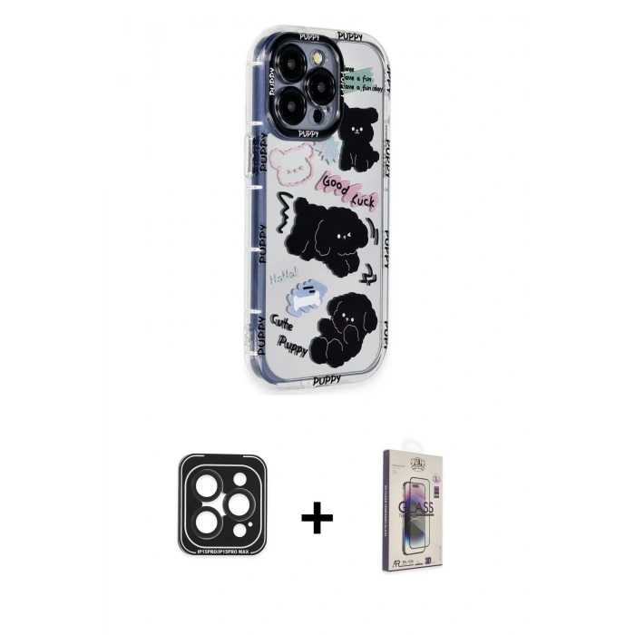 MARSİLYAN™- iPhone 15 Pro Max Kılıf Ahenk Modern Serisi - Siyah Bilvis 3D Cam Ekran Koruyucu + PVD Metal Kamera Lens - SH