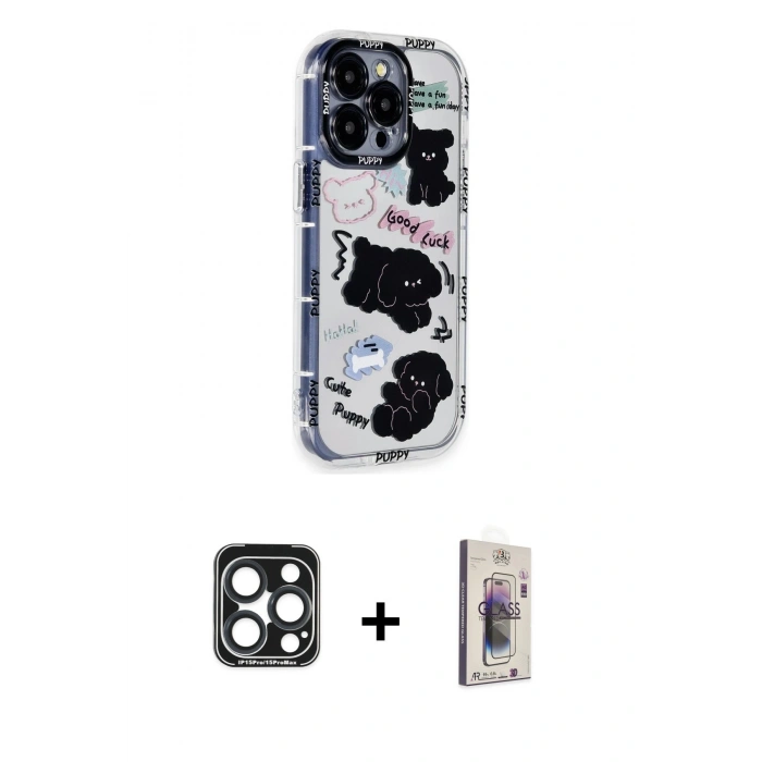 MARSİLYAN™- iPhone 15 Pro Max Kılıf Ahenk Modern Serisi - Siyah Bilvis 3D Cam Ekran Koruyucu + PVD Metal Kamera Lens - LT