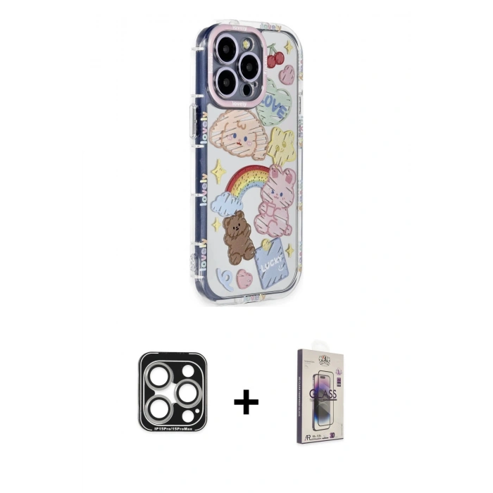 MARSİLYAN™- iPhone 15 Pro Max Kılıf Ahenk Modern Serisi - Siyah Bilvis 3D Cam Ekran Koruyucu + PVD Metal Kamera Lens - GS