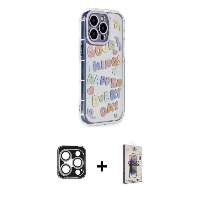 MARSİLYAN™- iPhone 15 Pro Max Kılıf Ahenk Modern Serisi - Siyah Bilvis 3D Cam Ekran Koruyucu + PVD Metal Kamera Lens - GS