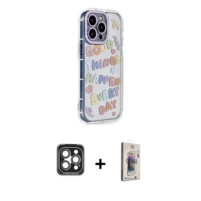 MARSİLYAN™- iPhone 15 Pro Max Kılıf Ahenk Modern Serisi - Siyah Bilvis 3D Cam Ekran Koruyucu + PVD Metal Kamera Lens - GI
