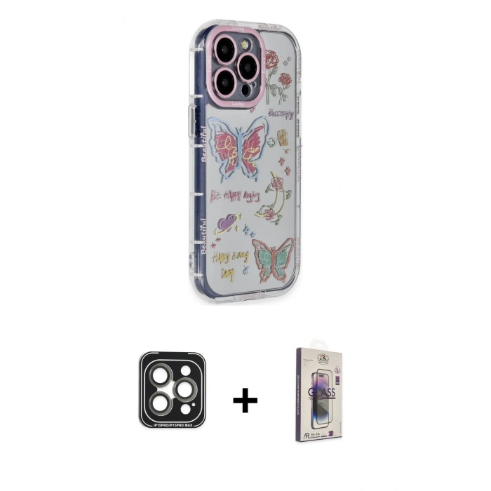 MARSİLYAN™- iPhone 15 Pro Max Kılıf Ahenk Modern Serisi - Siyah Bilvis 3D Cam Ekran Koruyucu + PVD Metal Kamera Lens - GI