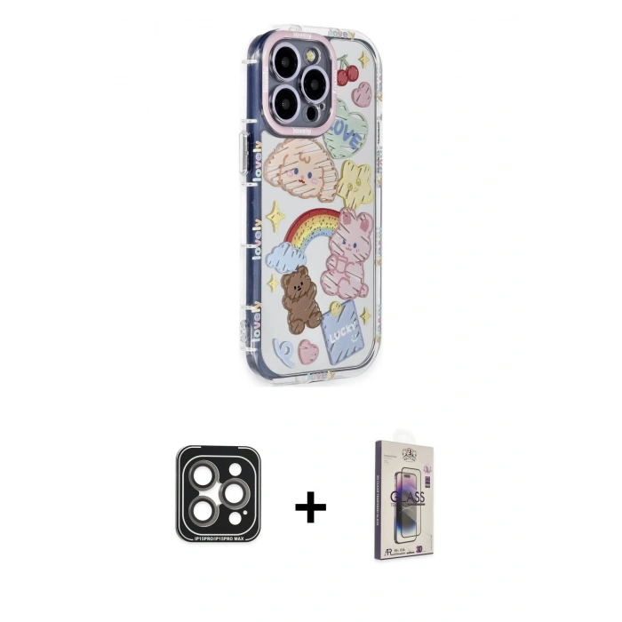 MARSİLYAN™- iPhone 15 Pro Max Kılıf Ahenk Modern Serisi - Siyah Bilvis 3D Cam Ekran Koruyucu + PVD Metal Kamera Lens - GI