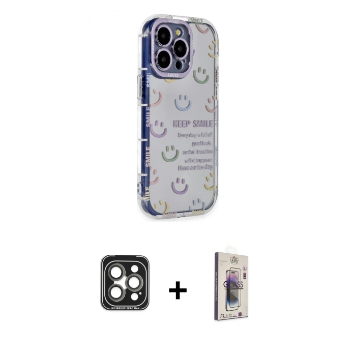 MARSİLYAN™- iPhone 15 Pro Max Kılıf Ahenk Modern Serisi - Siyah Bilvis 3D Cam Ekran Koruyucu + PVD Metal Kamera Lens - GI