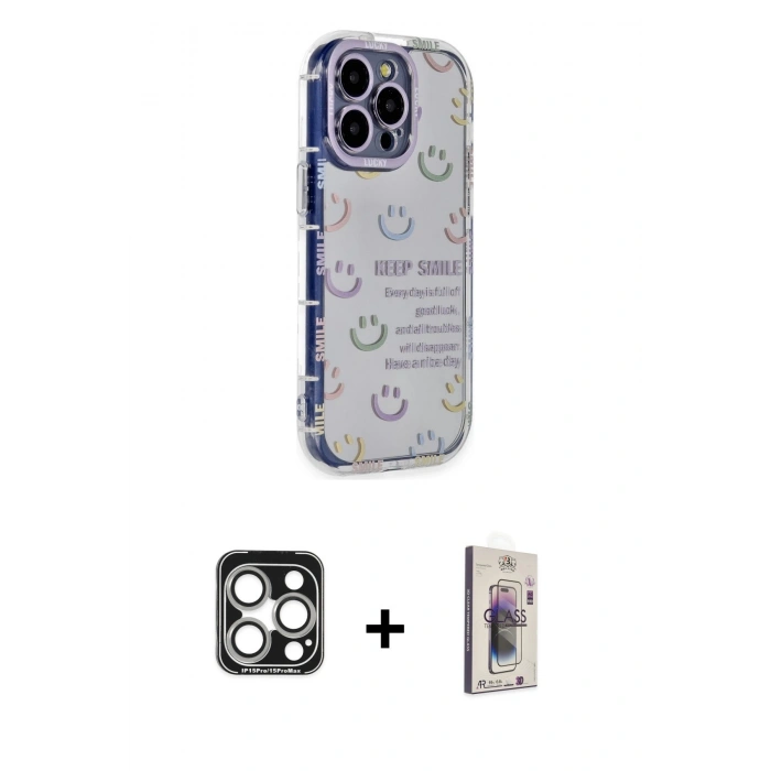 MARSİLYAN™- iPhone 15 Pro Max Kılıf Ahenk Modern Serisi - Siyah Bilvis 3D Cam Ekran Koruyucu + PVD Metal Kamera Lens - GS