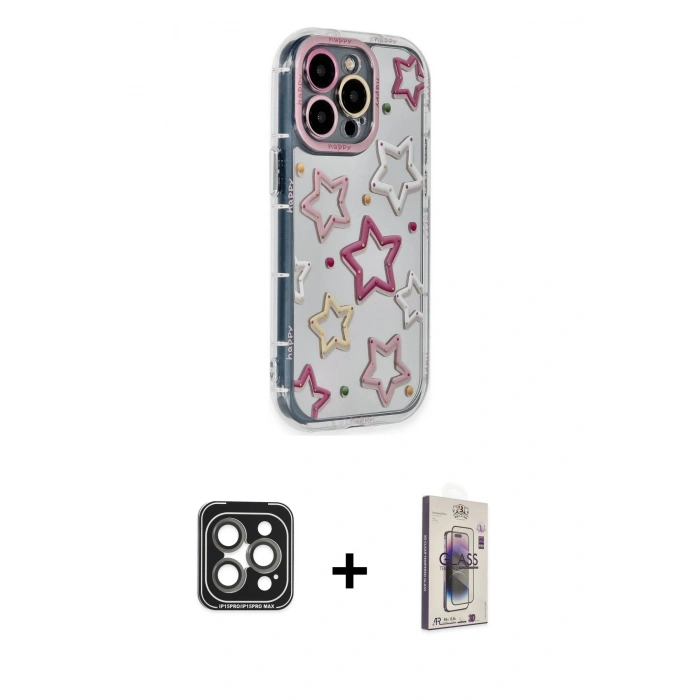 MARSİLYAN™- iPhone 15 Pro Max Kılıf Ahenk Modern Serisi - Siyah Bilvis 3D Cam Ekran Koruyucu + PVD Metal Kamera Lens - GI