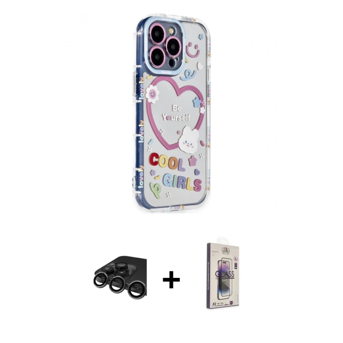 MARSİLYAN™- iPhone 15 Pro Max Kılıf Ahenk Modern Serisi - Siyah Bilvis 3D Cam Ekran Koruyucu + Raze Metal Kamera Lens - TMGI