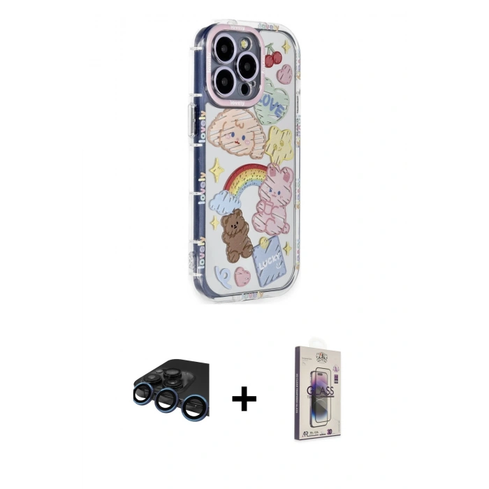 MARSİLYAN™- iPhone 15 Pro Max Kılıf Ahenk Modern Serisi - Siyah Bilvis 3D Cam Ekran Koruyucu + Raze Metal Kamera Lens - LT