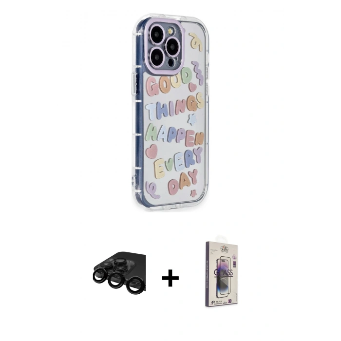 MARSİLYAN™- iPhone 15 Pro Max Kılıf Ahenk Modern Serisi - Siyah Bilvis 3D Cam Ekran Koruyucu + Raze Metal Kamera Lens - SH