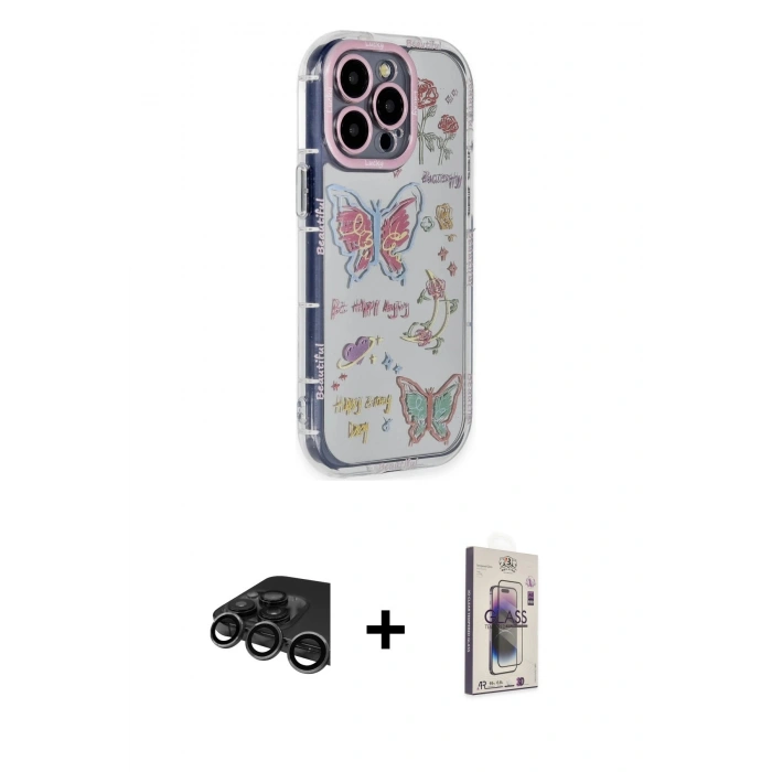 MARSİLYAN™- iPhone 15 Pro Max Kılıf Ahenk Modern Serisi - Siyah Bilvis 3D Cam Ekran Koruyucu + Raze Metal Kamera Lens - TMGI