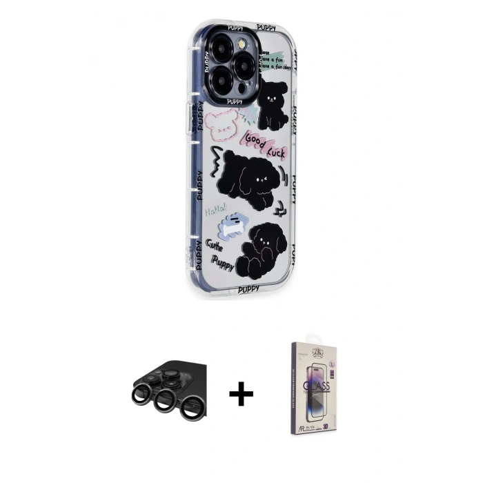 MARSİLYAN™- iPhone 15 Pro Max Kılıf Ahenk Modern Serisi - Siyah Bilvis 3D Cam Ekran Koruyucu + Raze Metal Kamera Lens - TMGI