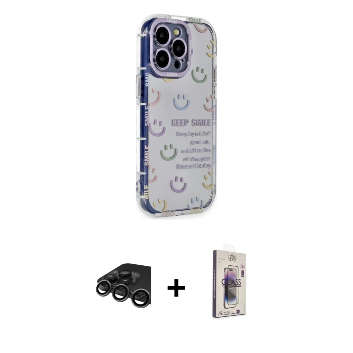 MARSİLYAN™- iPhone 15 Pro Max Kılıf Ahenk Modern Serisi - Siyah Bilvis 3D Cam Ekran Koruyucu + Raze Metal Kamera Lens - TMGI