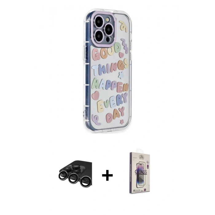 MARSİLYAN™- iPhone 15 Pro Max Kılıf Ahenk Modern Serisi - Siyah Bilvis 3D Cam Ekran Koruyucu + Raze Metal Kamera Lens - TMGI