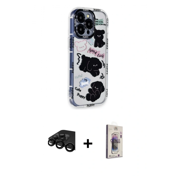 MARSİLYAN™- iPhone 15 Pro Max Kılıf Ahenk Modern Serisi - Siyah Bilvis 3D Cam Ekran Koruyucu + Raze Metal Kamera Lens - SH