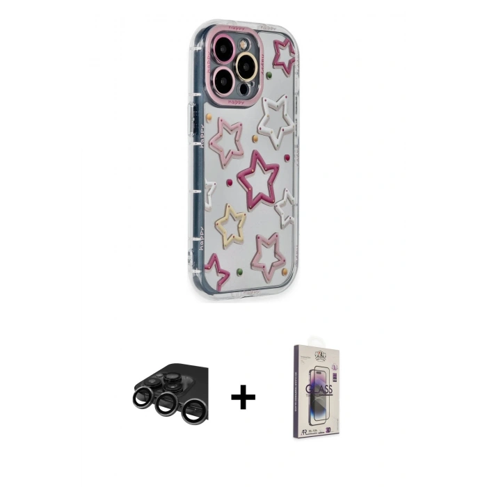 MARSİLYAN™- iPhone 15 Pro Max Kılıf Ahenk Modern Serisi - Siyah Bilvis 3D Cam Ekran Koruyucu + Raze Metal Kamera Lens - TMGI