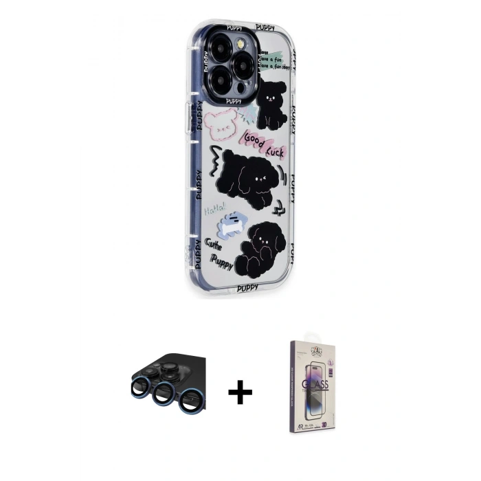MARSİLYAN™- iPhone 15 Pro Max Kılıf Ahenk Modern Serisi - Siyah Bilvis 3D Cam Ekran Koruyucu + Raze Metal Kamera Lens - LT