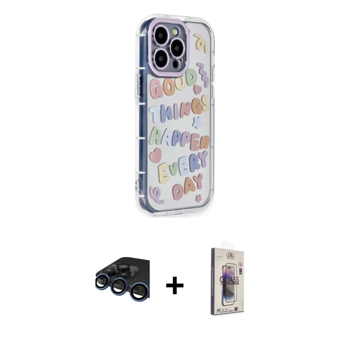 MARSİLYAN™- iPhone 15 Pro Max Kılıf Ahenk Modern Serisi - Siyah Bilvis 3D Cam Ekran Koruyucu + Raze Metal Kamera Lens - LT