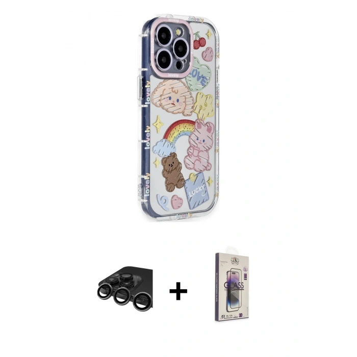 MARSİLYAN™- iPhone 15 Pro Max Kılıf Ahenk Modern Serisi - Siyah Bilvis 3D Cam Ekran Koruyucu + Raze Metal Kamera Lens - TMGI