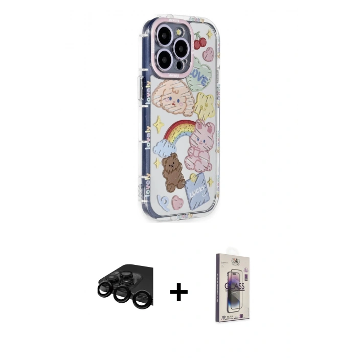 MARSİLYAN™- iPhone 15 Pro Max Kılıf Ahenk Modern Serisi - Siyah Bilvis 3D Cam Ekran Koruyucu + Raze Metal Kamera Lens - SH