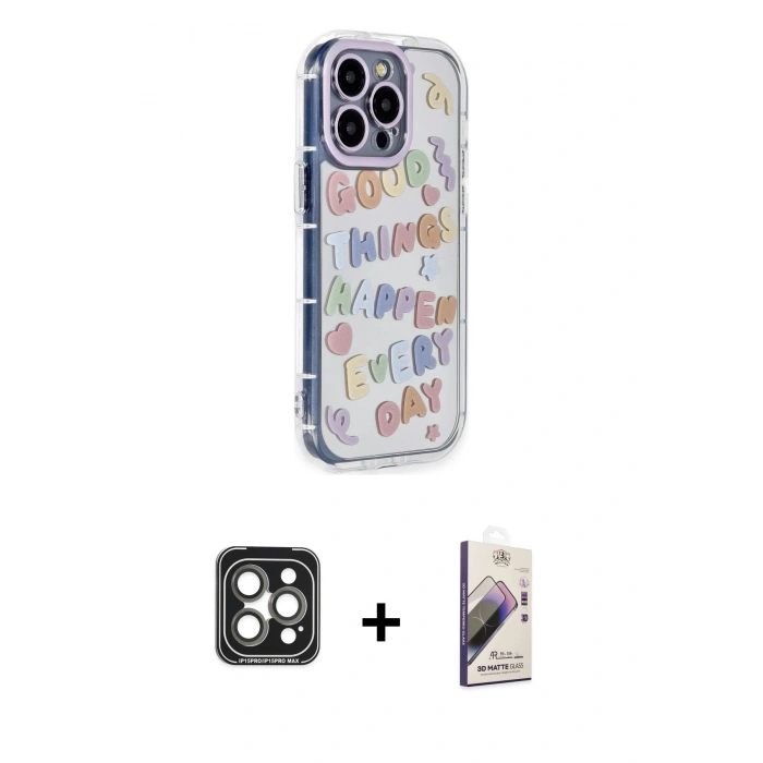 MARSİLYAN™- iPhone 15 Pro Max Kılıf Ahenk Modern Serisi - Siyah Bilvis 3D Mat Cam Ekran Koruyucu + PVD Metal Kamera Lens - GI
