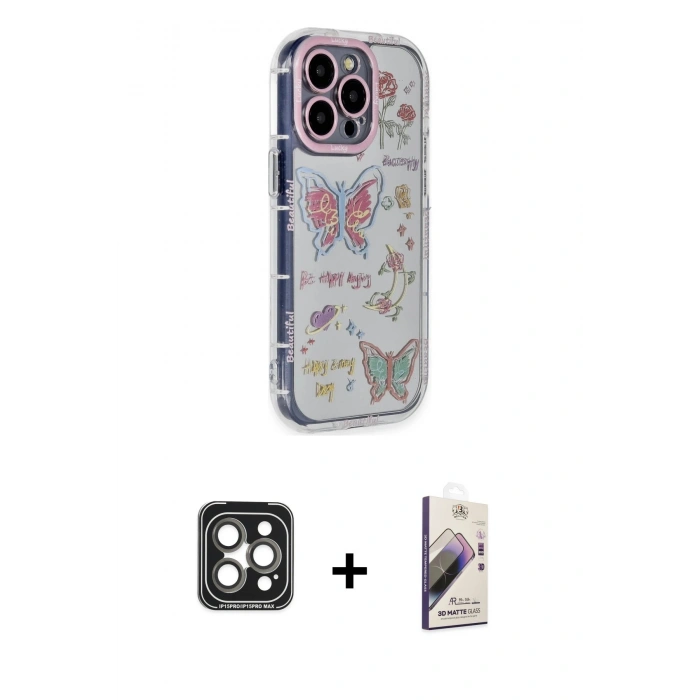 MARSİLYAN™- iPhone 15 Pro Max Kılıf Ahenk Modern Serisi - Siyah Bilvis 3D Mat Cam Ekran Koruyucu + PVD Metal Kamera Lens - GI