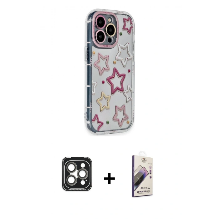 MARSİLYAN™- iPhone 15 Pro Max Kılıf Ahenk Modern Serisi - Siyah Bilvis 3D Mat Cam Ekran Koruyucu + PVD Metal Kamera Lens - GI