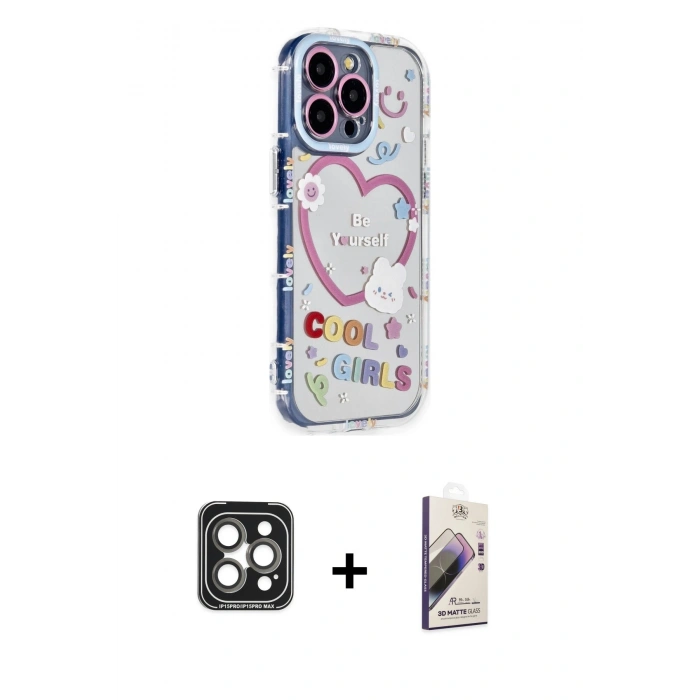 MARSİLYAN™- iPhone 15 Pro Max Kılıf Ahenk Modern Serisi - Siyah Bilvis 3D Mat Cam Ekran Koruyucu + PVD Metal Kamera Lens - GI