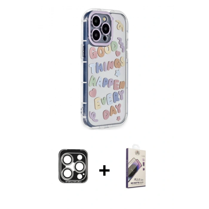 MARSİLYAN™- iPhone 15 Pro Max Kılıf Ahenk Modern Serisi - Siyah Bilvis 3D Mat Cam Ekran Koruyucu + Gümüş PVD Metal Kamera Lens