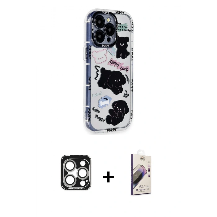 MARSİLYAN™- iPhone 15 Pro Max Kılıf Ahenk Modern Serisi - Siyah Bilvis 3D Mat Cam Ekran Koruyucu + Gümüş PVD Metal Kamera Lens