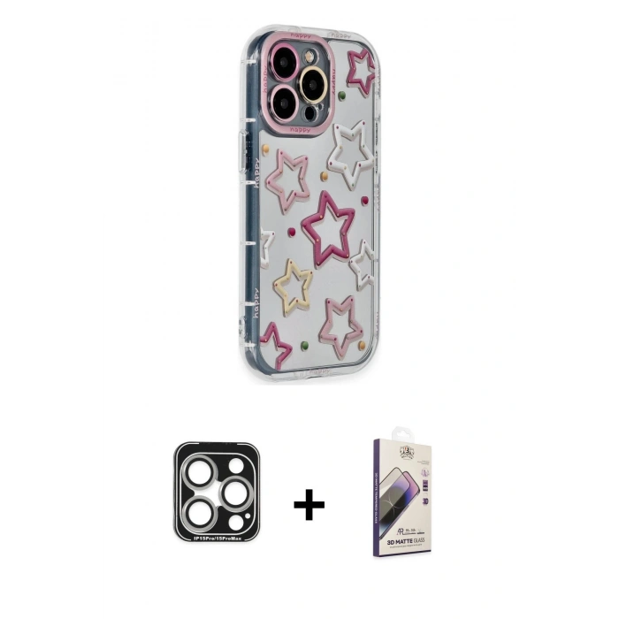 MARSİLYAN™- iPhone 15 Pro Max Kılıf Ahenk Modern Serisi - Siyah Bilvis 3D Mat Cam Ekran Koruyucu + Gümüş PVD Metal Kamera Lens