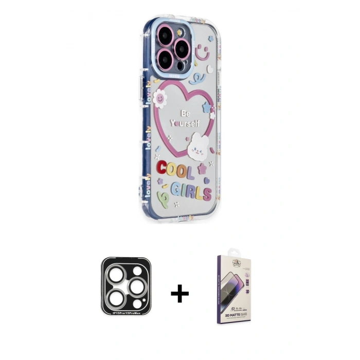 MARSİLYAN™- iPhone 15 Pro Max Kılıf Ahenk Modern Serisi - Siyah Bilvis 3D Mat Cam Ekran Koruyucu + Gümüş PVD Metal Kamera Lens