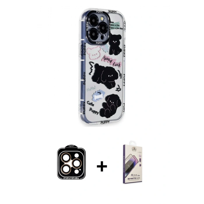 MARSİLYAN™- iPhone 15 Pro Max Kılıf Ahenk Modern Serisi - Siyah Bilvis 3D Mat Cam Ekran Koruyucu + PVD Metal Kamera Lens - TU